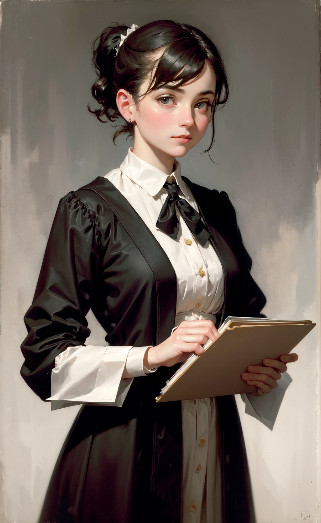 09863-2346428494-masterpiece, best quality, John Singer Sargent, 1girl, doctor, clipboard, short hair, ponytail, oil painting portrait, simple ba.png